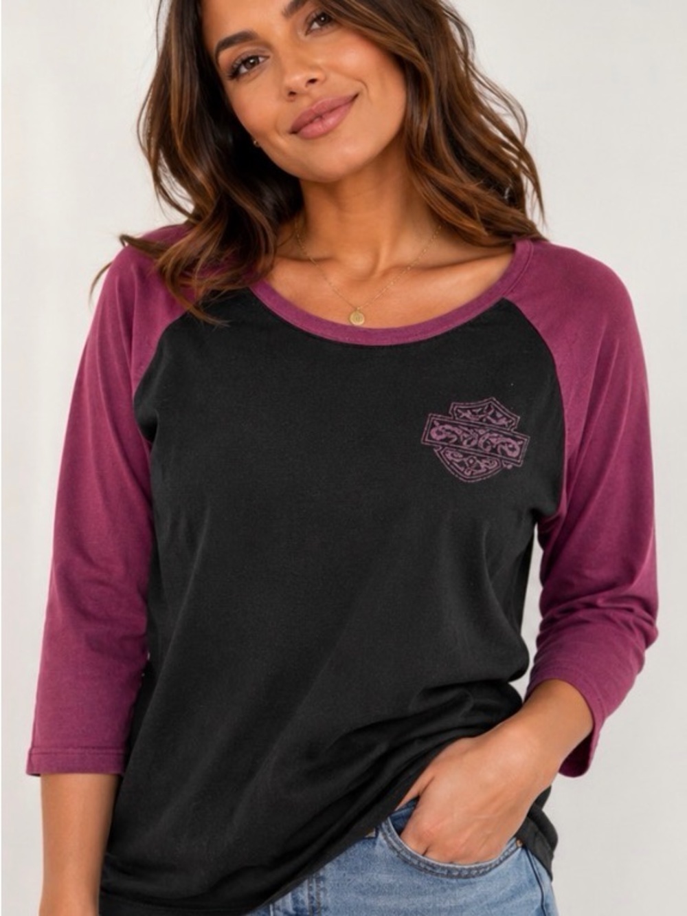 Vintage Harley-Davidson Baseball Raglan 3/4 Sleeve Black/Purple T-Shirt Women'XL